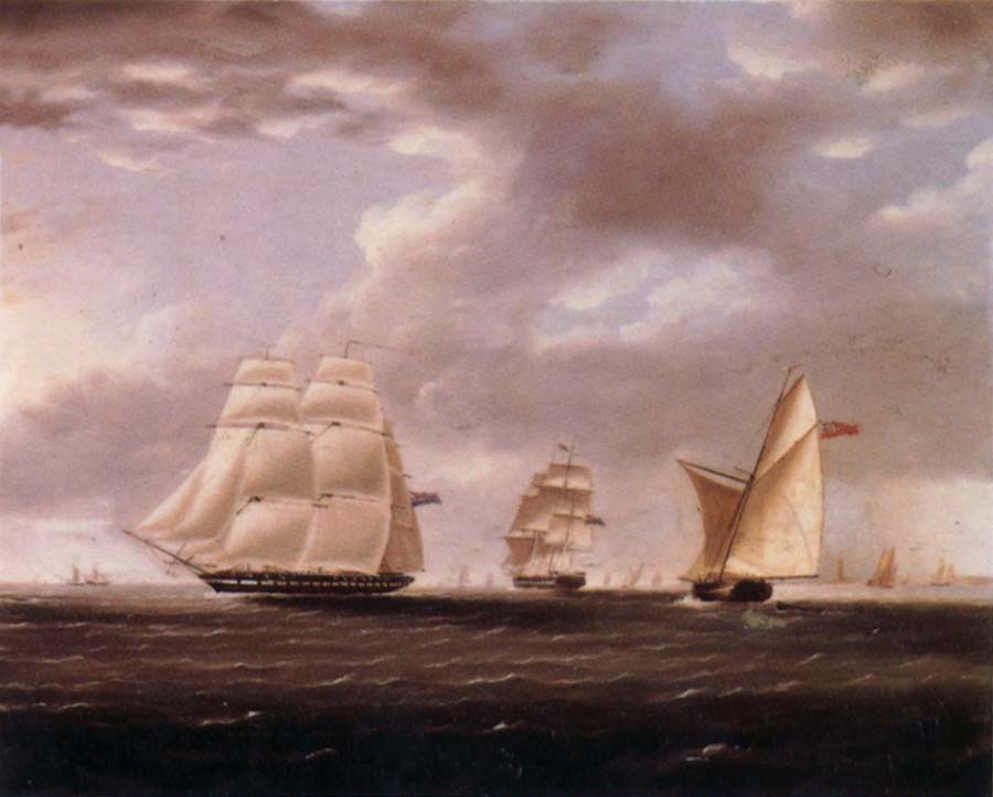 Two British frigates and a yawl passing off a coast